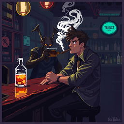 Pixel art de un chico sentado en la barra de una taberna, fumando un cigarro con el humo saliendo