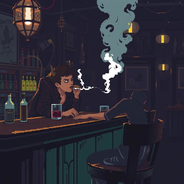 Pixel art de un chico sentado en la barra de una taberna, fumando un cigarro con el humo saliendo