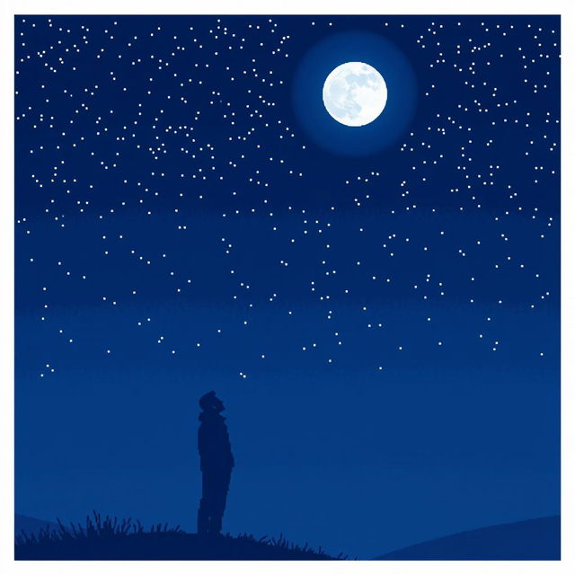 A lonely man watching the moon on a starry night in a 2D pixel art video game style