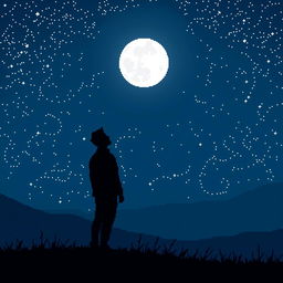 A lonely man watching the moon on a starry night in a 2D pixel art video game style