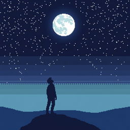 A lonely man watching the moon on a starry night in a 2D pixel art video game style