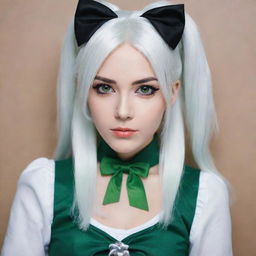 Full-length interior photo of a 30-year-old girl with white hair in cosplay attire, featuring long square proportional facial features, a small smooth nose, dimples in her cheeks, bow lips, thin cheeks and cheekbones, large black eyebrows, smooth medium green eyes, and swarthy skin