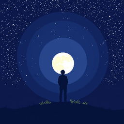 A lonely man watching the moon on a starry night in a 2D pixel art video game style