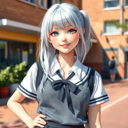 A beautiful and very busty white schoolgirl with silver hair, wearing a stylish school uniform