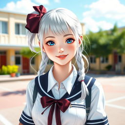 A beautiful and very busty white schoolgirl with silver hair, wearing a stylish school uniform