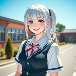 A beautiful and very busty white schoolgirl with silver hair, wearing a stylish school uniform