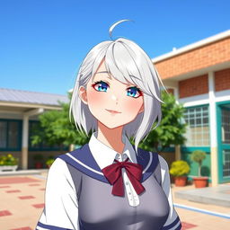 A beautiful and very busty white schoolgirl with silver hair, wearing a stylish school uniform