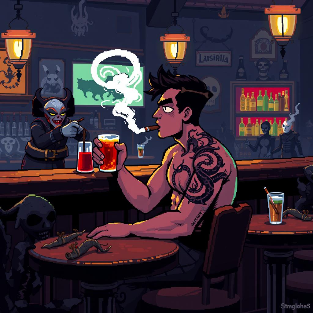 Pixel art de 8 bits de un chico sentado en la barra de una taberna, fumando un cigarro con el humo saliendo