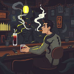 Pixel art de 8 bits de un chico sentado en la barra de una taberna, fumando un cigarro con el humo saliendo