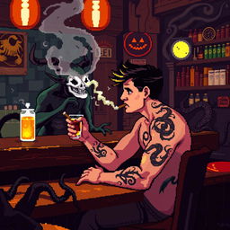 Pixel art de 8 bits de un chico sentado en la barra de una taberna, fumando un cigarro con el humo saliendo