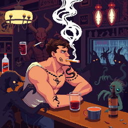 Pixel art de 8 bits de un chico sentado en la barra de una taberna, fumando un cigarro con el humo saliendo