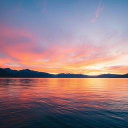 A serene landscape featuring a beautiful sunrise over a calm lake with mountains in the background