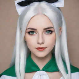 Full-length interior photo of a 30-year-old girl with white hair in cosplay attire, featuring long square proportional facial features, a small smooth nose, dimples in her cheeks, bow lips, thin cheeks and cheekbones, large black eyebrows, smooth medium green eyes, and swarthy skin