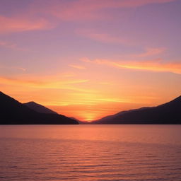 A serene landscape featuring a beautiful sunrise over a calm lake with mountains in the background