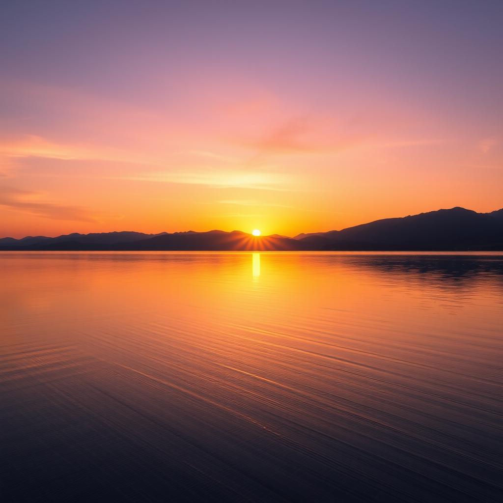 A serene landscape featuring a beautiful sunrise over a calm lake with mountains in the background