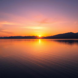 A serene landscape featuring a beautiful sunrise over a calm lake with mountains in the background