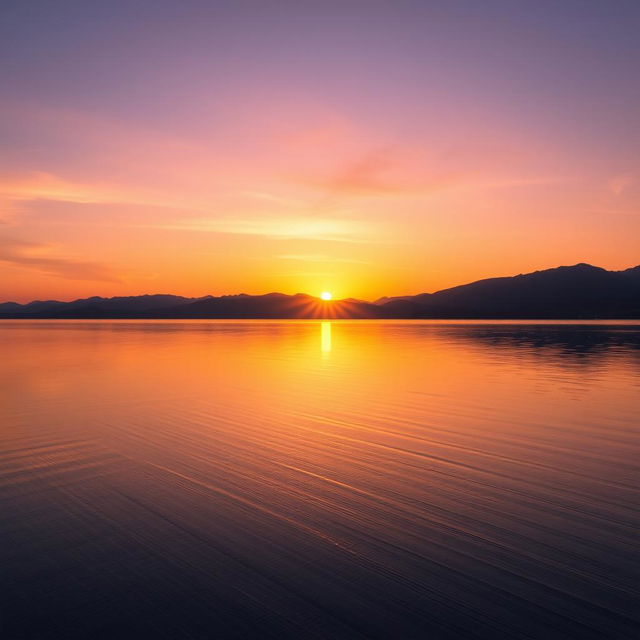 A serene landscape featuring a beautiful sunrise over a calm lake with mountains in the background