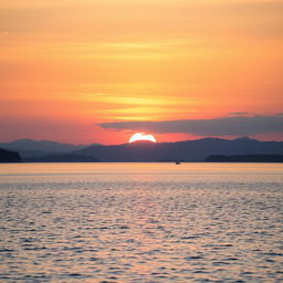 A serene landscape featuring a beautiful sunrise over a calm lake with mountains in the background