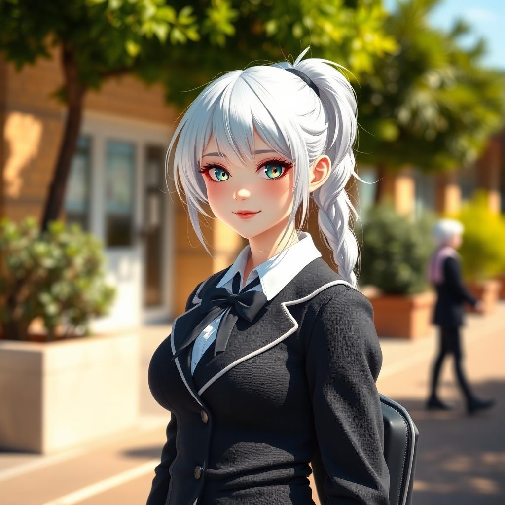 A realistic and stunning white schoolgirl with silver hair, wearing a stylish school uniform