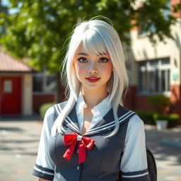 A realistic and stunning white schoolgirl with silver hair, wearing a stylish school uniform