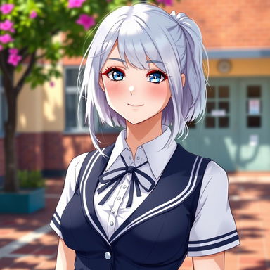 A realistic and stunning white schoolgirl with silver hair, wearing a stylish school uniform