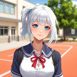 A realistic and stunning white schoolgirl with silver hair, wearing a stylish school uniform