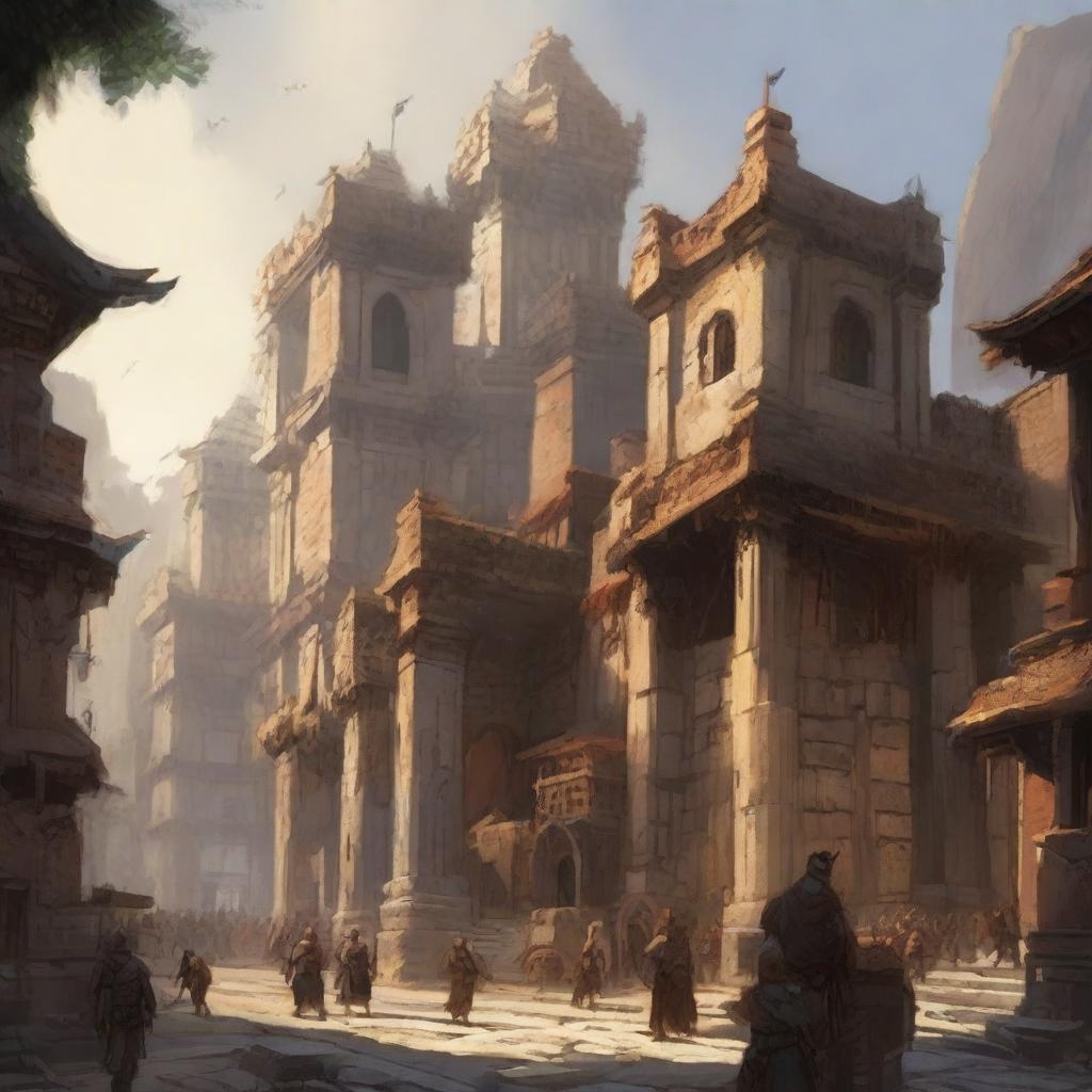 A grand barbarian empire city with towering wooden and stone structures, bustling marketplaces, and warriors patrolling the streets