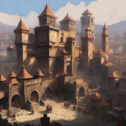 A grand barbarian empire city with towering wooden and stone structures, bustling marketplaces, and warriors patrolling the streets