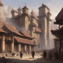 A grand barbarian empire city with towering wooden and stone structures, bustling marketplaces, and warriors patrolling the streets