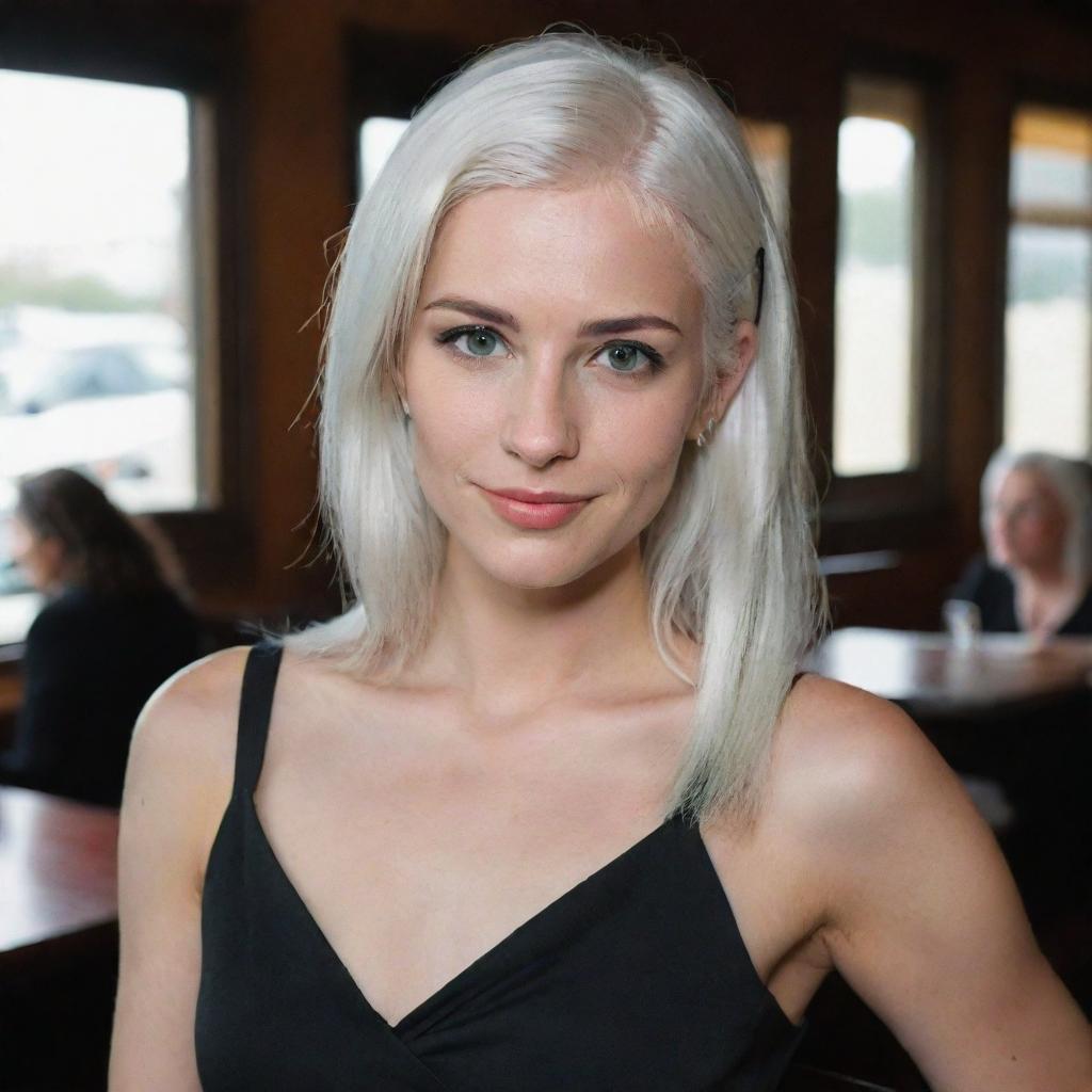 Full-length interior photo of a 30-year-old girl with white hair in a black dress at a restaurant, showcasing long square proportional facial features, a small smooth nose, cheek dimples, bow lips, thin cheeks and cheekbones, large black eyebrows, smooth medium green eyes, and swarthy skin