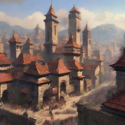 A grand barbarian empire city with towering wooden and stone structures, bustling marketplaces, and warriors patrolling the streets