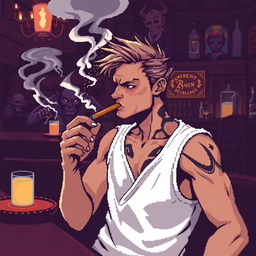 Pixel art de 8 bits de un chico delgado con camisa blanca de tirantes, fumando un cigarro con el humo saliendo en una taberna