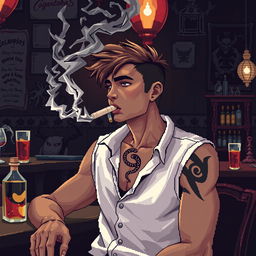 Pixel art de 8 bits de un chico delgado con camisa blanca de tirantes, fumando un cigarro con el humo saliendo en una taberna