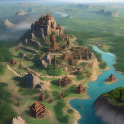 A vast barbarian empire with expansive territories, featuring massive wooden and stone fortresses, bustling cities, and numerous tribes united under one banner