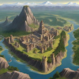 A vast barbarian empire with expansive territories, featuring massive wooden and stone fortresses, bustling cities, and numerous tribes united under one banner