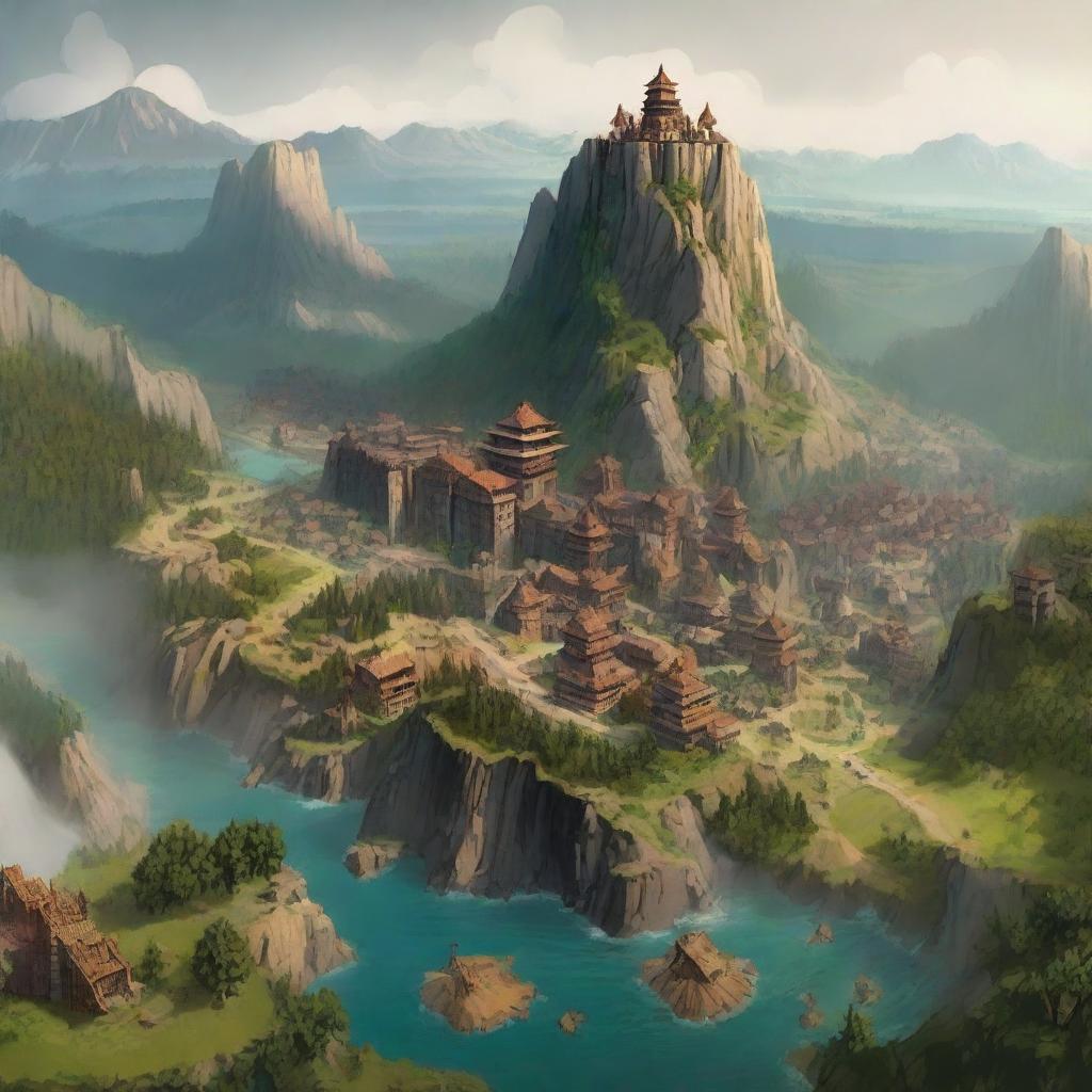 A vast barbarian empire with expansive territories, featuring massive wooden and stone fortresses, bustling cities, and numerous tribes united under one banner