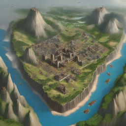 A vast barbarian empire with expansive territories, featuring massive wooden and stone fortresses, bustling cities, and numerous tribes united under one banner