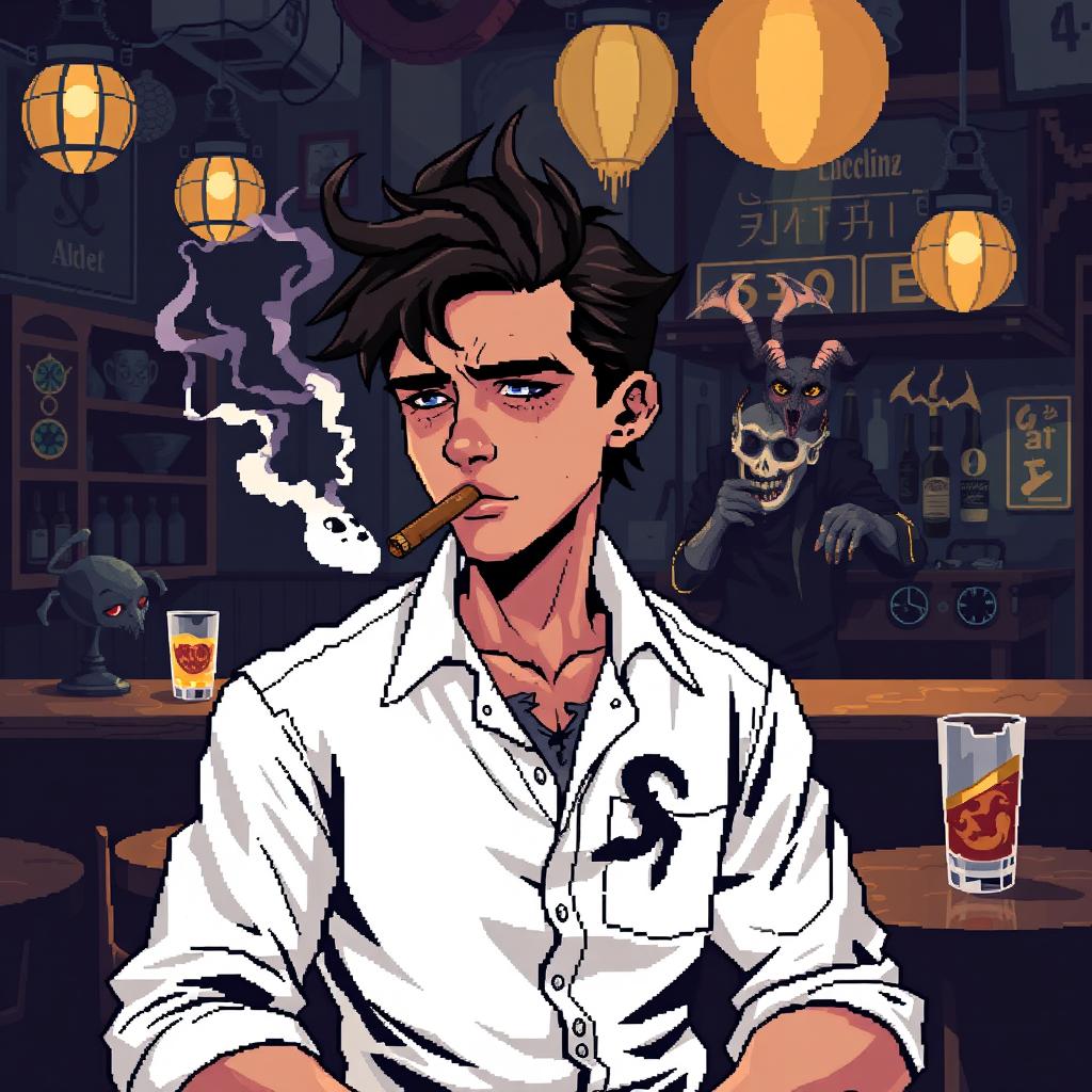 Pixel art de 8 bits de un chico delgado con camisa blanca de manga larga y tirantes sobre la camisa, cabello café oscuro y pecas en la cara, fumando un cigarro con el humo saliendo en una taberna