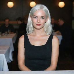 Full-length interior photo of a 30-year-old girl with white hair in a black dress at a restaurant, showcasing long square proportional facial features, a small smooth nose, cheek dimples, bow lips, thin cheeks and cheekbones, large black eyebrows, smooth medium green eyes, and swarthy skin