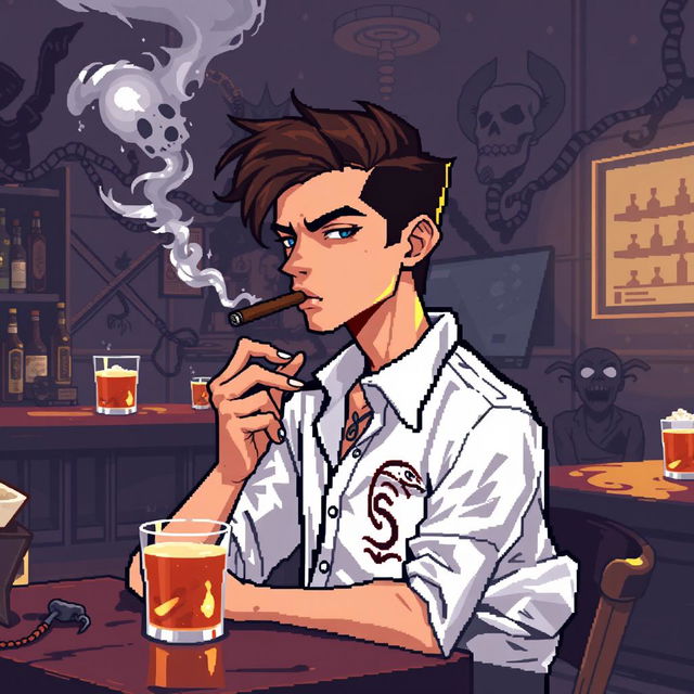 Pixel art de 8 bits de un chico delgado con camisa blanca de manga larga y tirantes sobre la camisa, cabello café oscuro y pecas en la cara, fumando un cigarro con el humo saliendo en una taberna