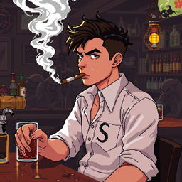 Pixel art de 8 bits de un chico delgado con camisa blanca de manga larga y tirantes sobre la camisa, cabello café oscuro y pecas en la cara, fumando un cigarro con el humo saliendo en una taberna