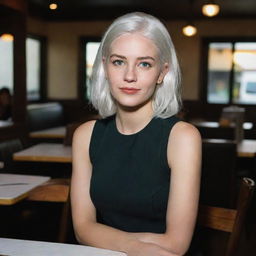 Full-length interior photo of a 30-year-old girl with white hair in a black dress at a restaurant, showcasing long square proportional facial features, a small smooth nose, cheek dimples, bow lips, thin cheeks and cheekbones, large black eyebrows, smooth medium green eyes, and swarthy skin