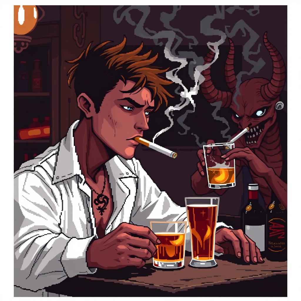 Pixel art de 8 bits de un chico delgado con camisa blanca de manga larga y tirantes sobre la camisa, cabello café oscuro, pecas en la cara, ojeras y ojos negros, fumando un cigarro con el humo saliendo en una taberna