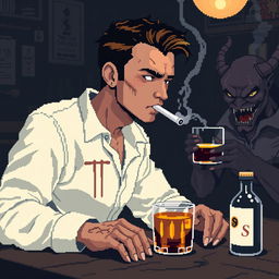 Pixel art de 8 bits de un chico delgado con camisa blanca de manga larga y tirantes sobre la camisa, cabello café oscuro, pecas en la cara, ojeras y ojos negros, fumando un cigarro con el humo saliendo en una taberna