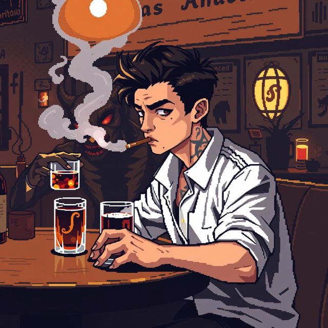 Pixel art de 8 bits de un chico delgado con camisa blanca de manga larga y tirantes sobre la camisa, cabello café oscuro, pecas en la cara, ojeras y ojos negros, fumando un cigarro con el humo saliendo en una taberna