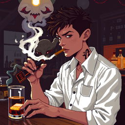 Pixel art de 8 bits de un chico delgado con camisa blanca de manga larga y tirantes sobre la camisa, cabello café oscuro, pecas en la cara, ojeras y ojos negros, fumando un cigarro con el humo saliendo en una taberna