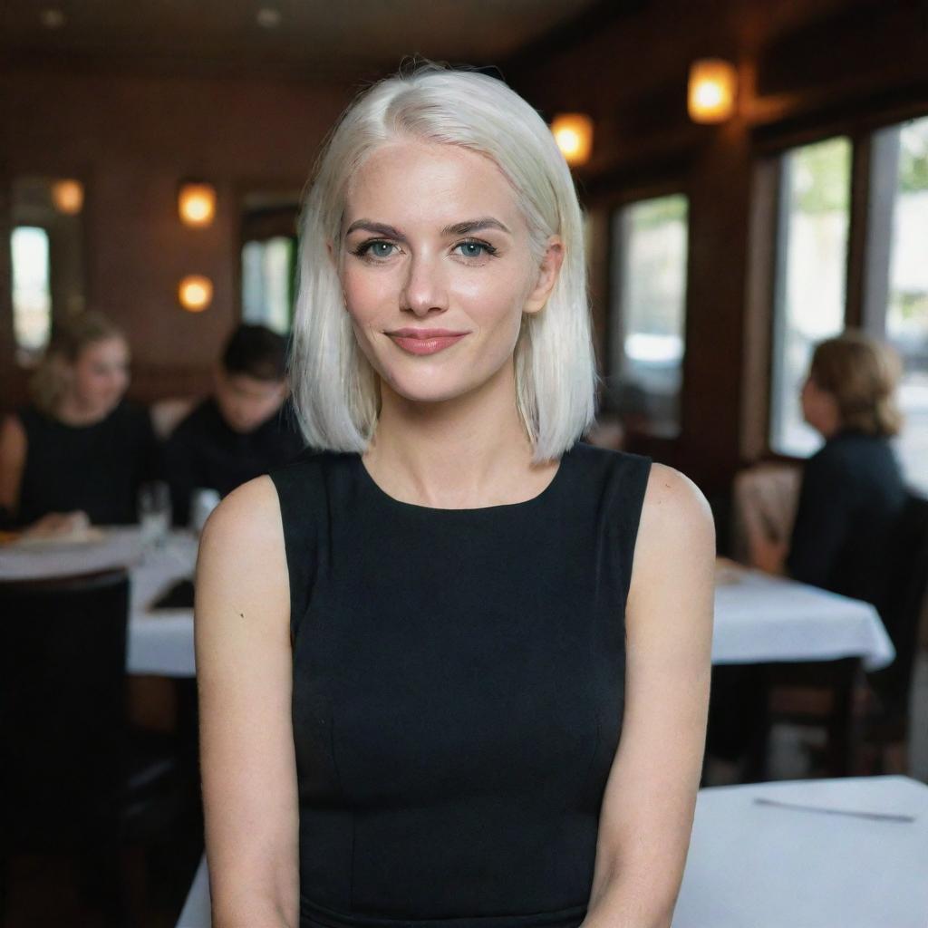 Full-length interior photo of a 30-year-old girl with white hair in a black dress at a restaurant, showcasing long square proportional facial features, a small smooth nose, cheek dimples, bow lips, thin cheeks and cheekbones, large black eyebrows, smooth medium green eyes, and swarthy skin