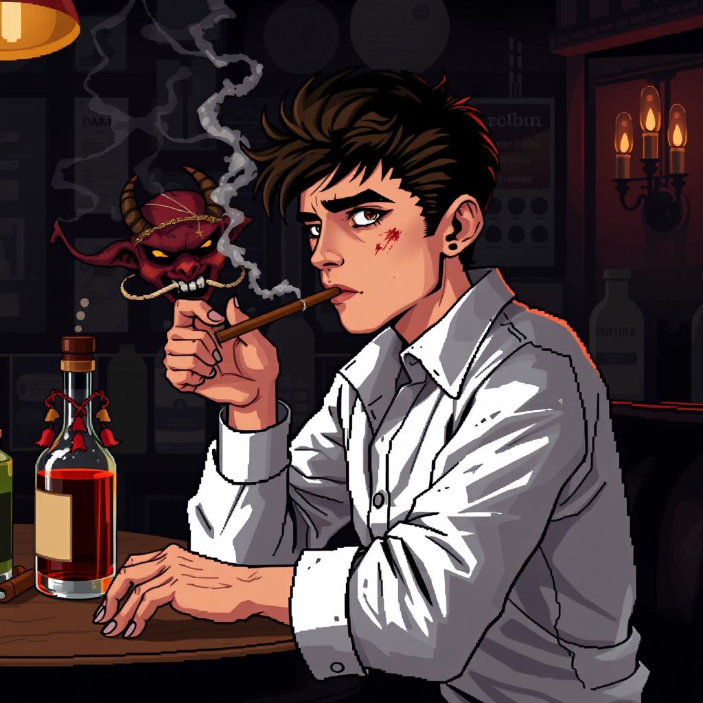 Pixel art de 8 bits de un chico delgado con camisa blanca de manga larga y tirantes sobre la camisa, cabello café oscuro, pecas en la cara alrededor de la nariz, ojeras y ojos negros, fumando un cigarro con el humo saliendo en una taberna