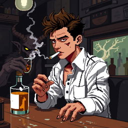 Pixel art de 8 bits de un chico delgado con camisa blanca de manga larga y tirantes sobre la camisa, cabello café oscuro, pecas en la cara alrededor de la nariz, ojeras y ojos negros, fumando un cigarro con el humo saliendo en una taberna