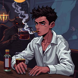 Pixel art de 8 bits de un chico delgado con camisa blanca de manga larga y tirantes sobre la camisa, cabello café oscuro, pecas en la cara alrededor de la nariz, ojeras y ojos negros, fumando un cigarro con el humo saliendo en una taberna